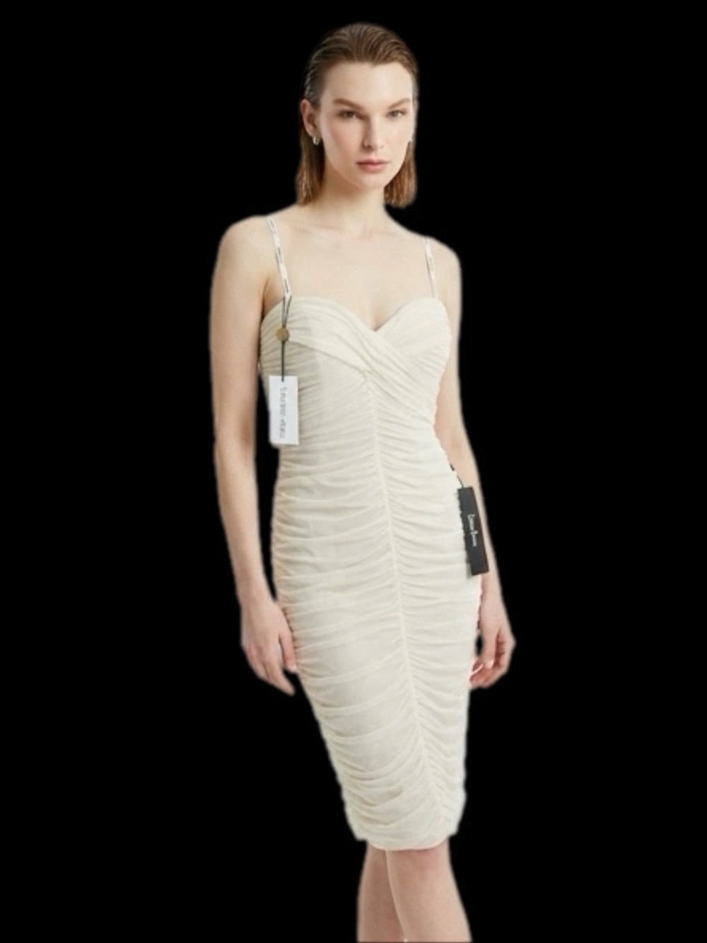Tadashi Shoji Ivory Ruched Midi Dress no straps